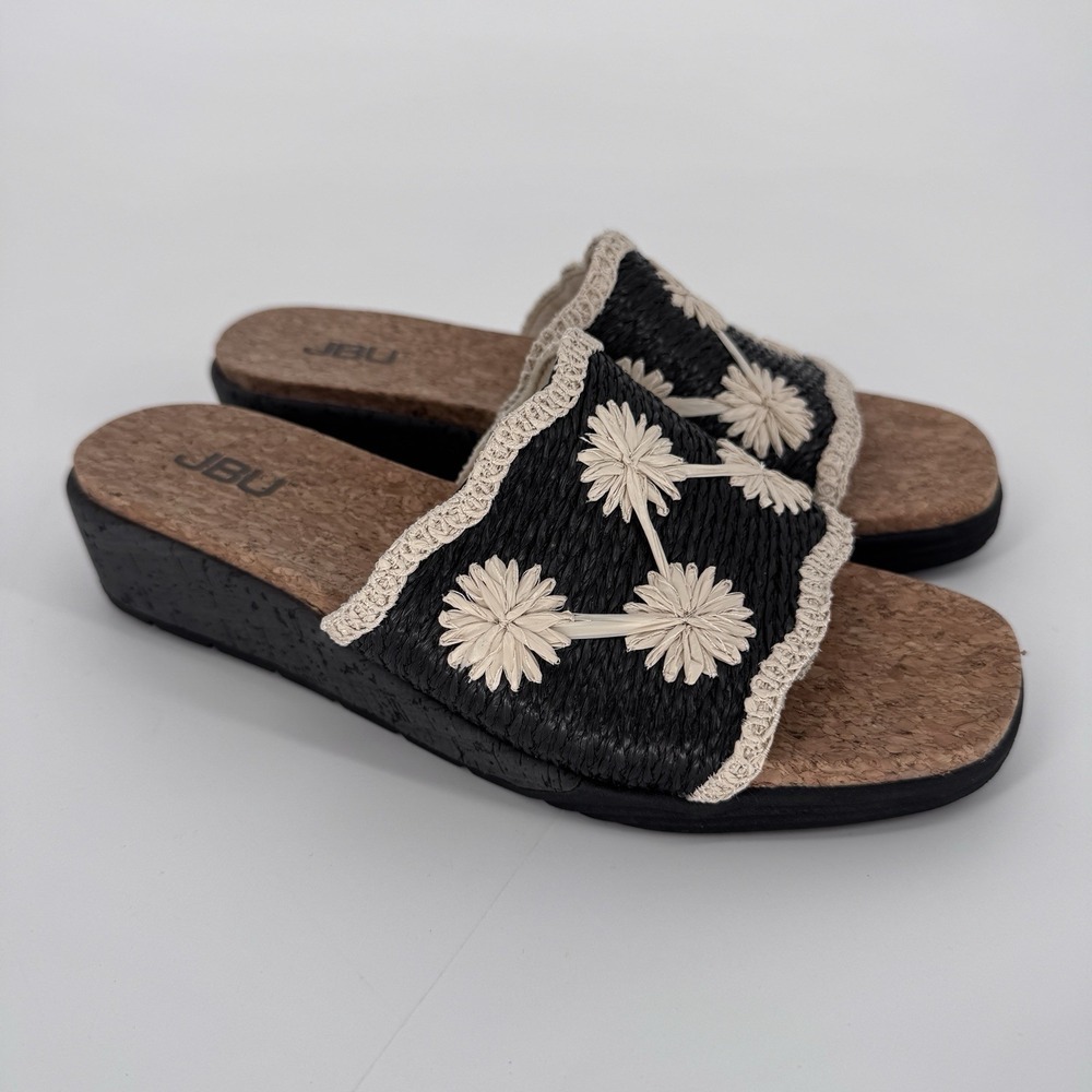 JBU by Jambu Winnie Black Raffia Floral‎ Wedge Sandals Women's Slide Comfort 7